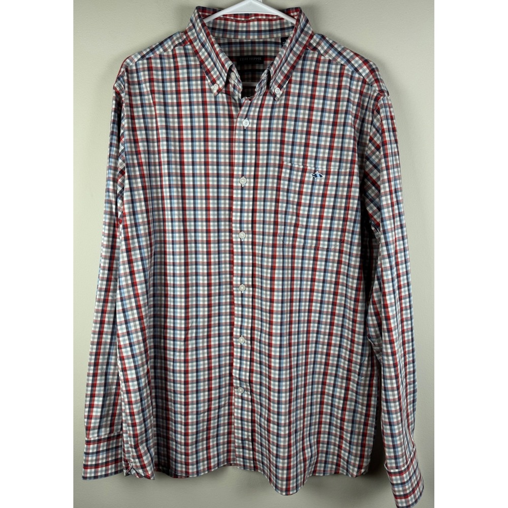 Fish Hippie Mens Long Sleeve Button Down Shirt Red Blue Plaid Size Large